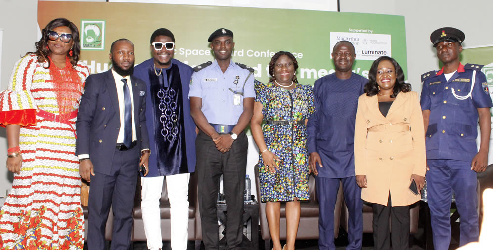 L-R: Victoria Ibezim-Ohaeri, founder/Director of Research and Policy, Space for Change; Inibehe Effiong, Principal Counsel, Inibehe Effiong Chambers; Debo Adedayo (Mr Macaroni), Entertainer; Benjamin Hundeyin, Police Public Relations Officer, Lagos State Command, all panelists; Motunrayo Alaka, Executive Director/CEO, Wole Soyinka Centre for Investigative Journalism (WSCIJ); Olukunle Akinrinade, Head, Weekend Crime Desk, The Nation/panelist; Bukola Wemimo-Samuel, News Anchor/Reporter, Channel Tv/moderator; and Assistant Superintendent of Corps Olumide Abolurin, PRO, Nigeria Security and Civil Defence Corps, Lagos State Command, during the WSCIJ Civic Space Guard Conference in Lagos on Thursday.