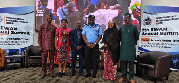 Picture2 L-R: Akintoye Hassan, Chairman, Lagos State Chapter Nigeria Union of Teachers, Motunrayo Alaka, Executive Director/CEO of the Wole Soyinka Centre for Investigative Journalism (WSCIJ), Mojeed Alabi, Chairman, Education Writers’ Association of Nigeria (EWAN), Tijani Fatai, Commissioner of Police, Lagos State Command, and Halima Iliya, National Coordinator, Financing Safe Schools in Nigeria; and Maseyi Olusola, Lagos State Chairman of All Nigeria Confederation of Principals of Secondary Schools (ANCOPSS).